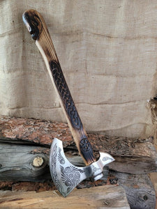 Custom handmade carbon steel viking axe handle material Rose wood with engraving